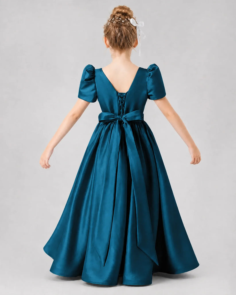 Teal Satin A-line Girls Formal Dress Back View