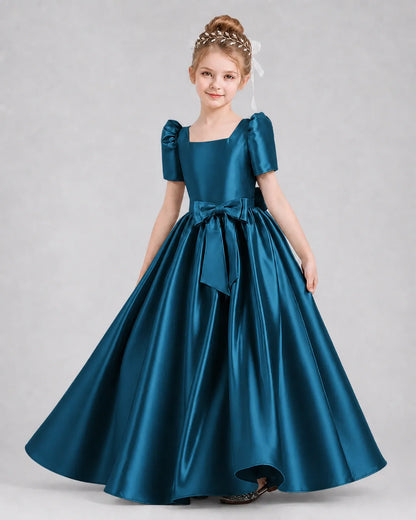 Teal Satin A-line Girls Formal Dress Front View