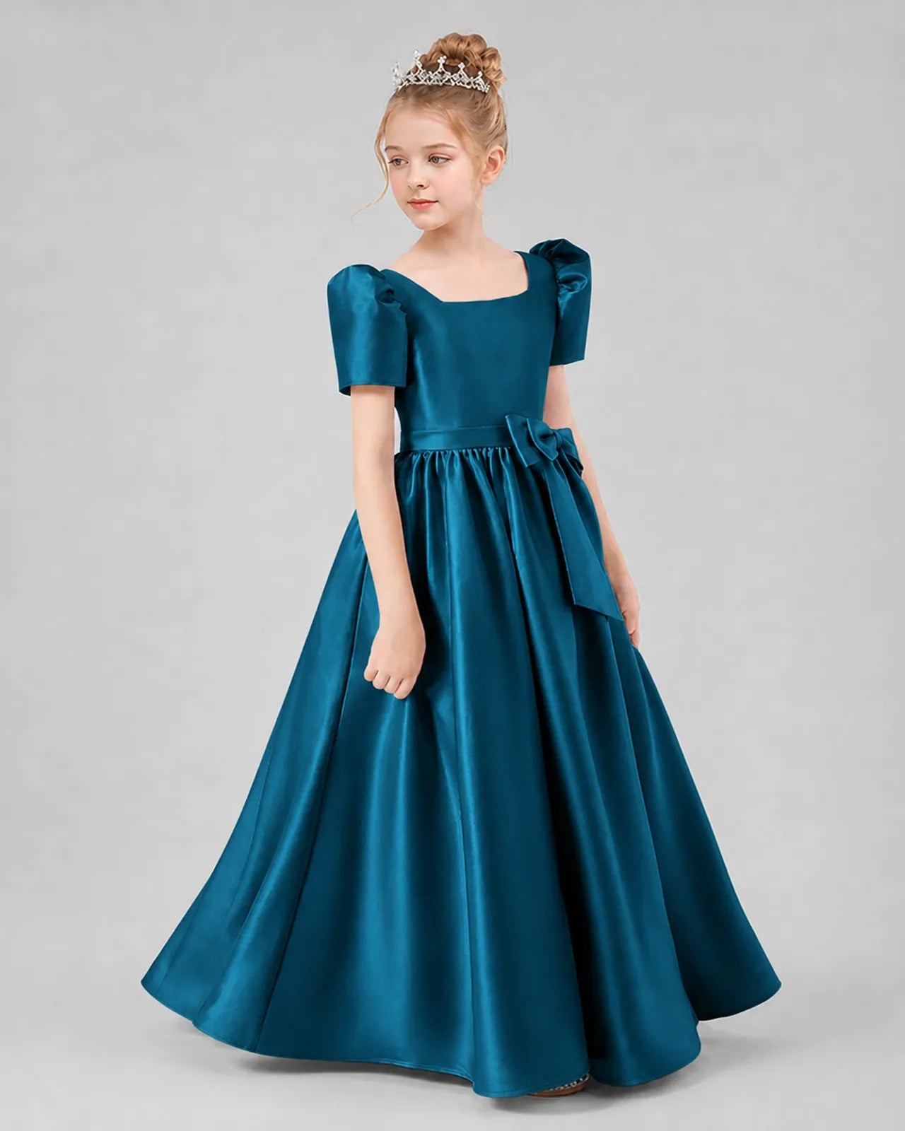 Teal Satin A-line Girls Formal Dress Side View