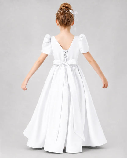 White Satin A-line Girls Formal Dress Back View