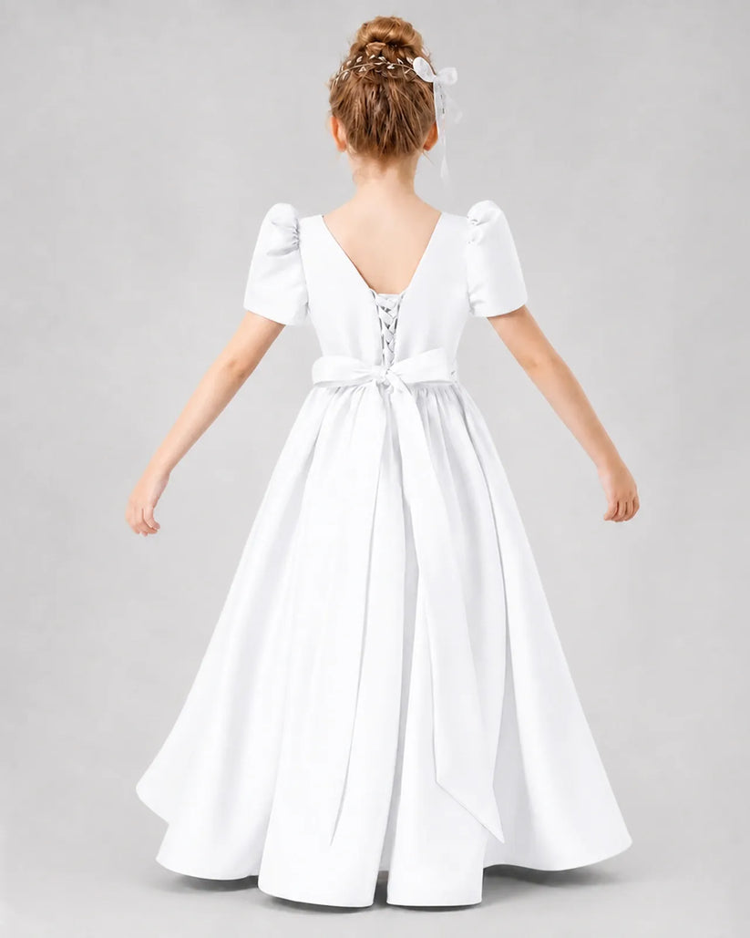 White Satin A-line Girls Formal Dress Back View