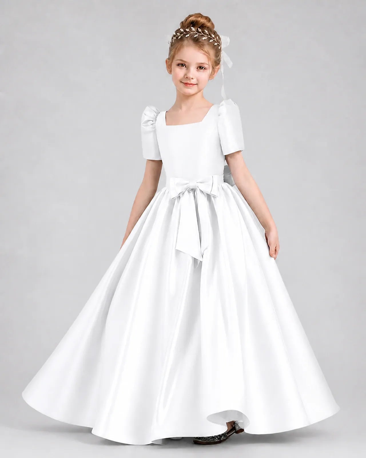 White Satin A-line Girls Formal Dress Front View