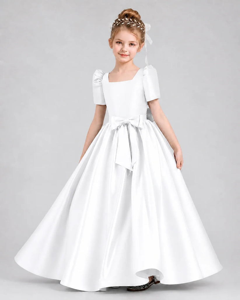 White Satin A-line Girls Formal Dress Front View