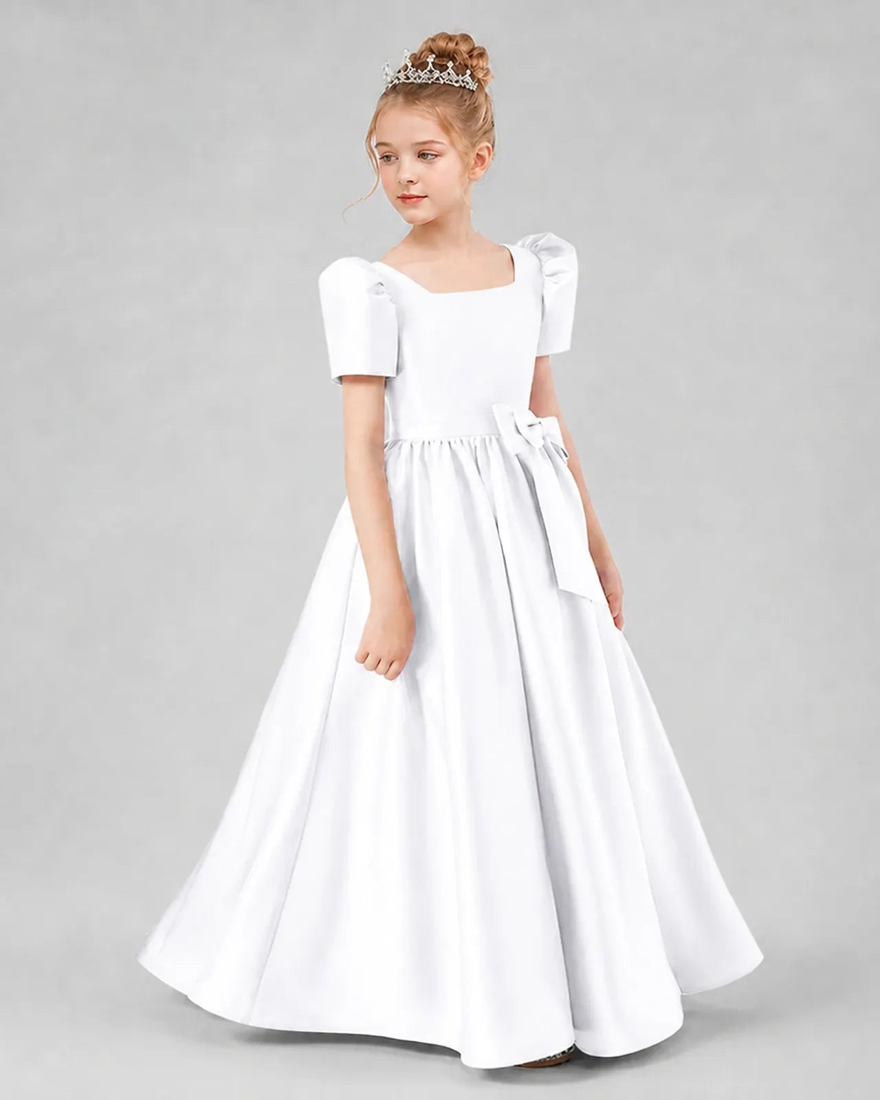 White Satin A-line Girls Formal Dress Side View