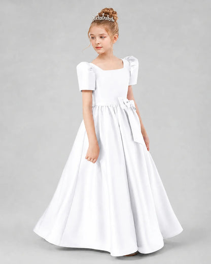 White Satin A-line Girls Formal Dress Side View