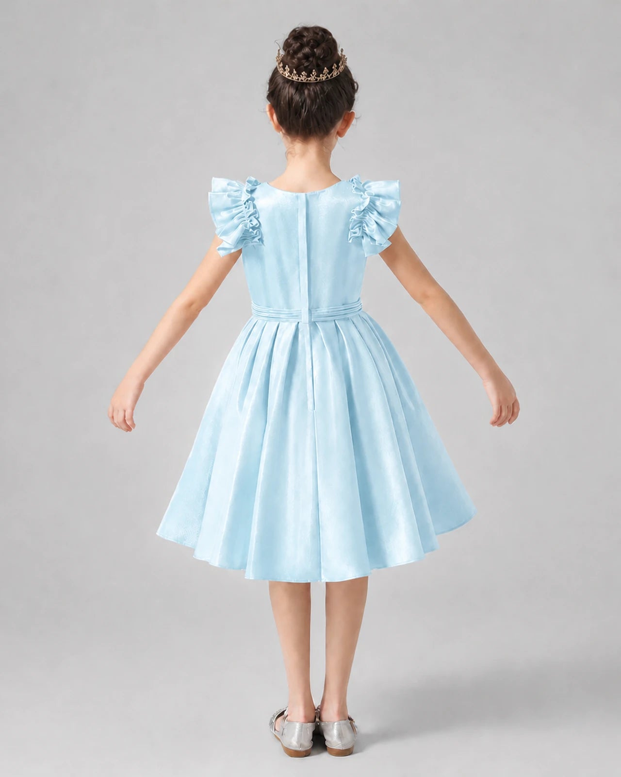 Baby Blue Satin Ruffled Sleeve A-Line Girls Formal Dress Back View