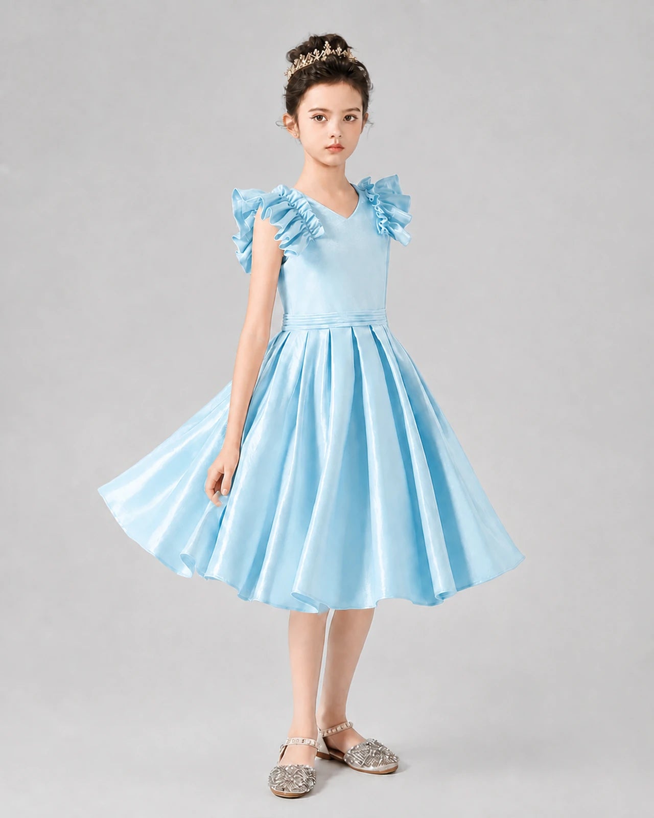 Baby Blue Satin Ruffled A-Line Girls Formal Dresses Front View