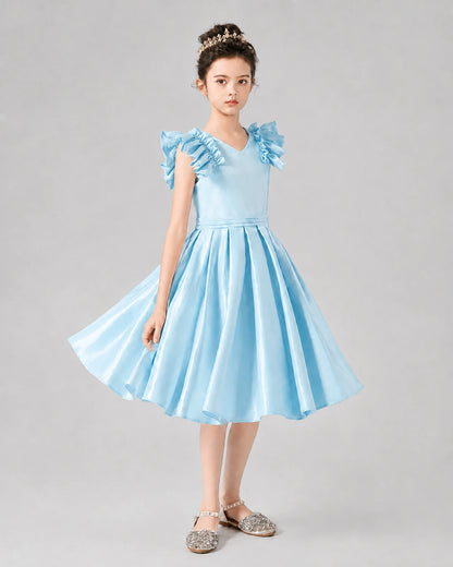 Baby Blue Satin Ruffled A-Line Girls Formal Dresses Front View