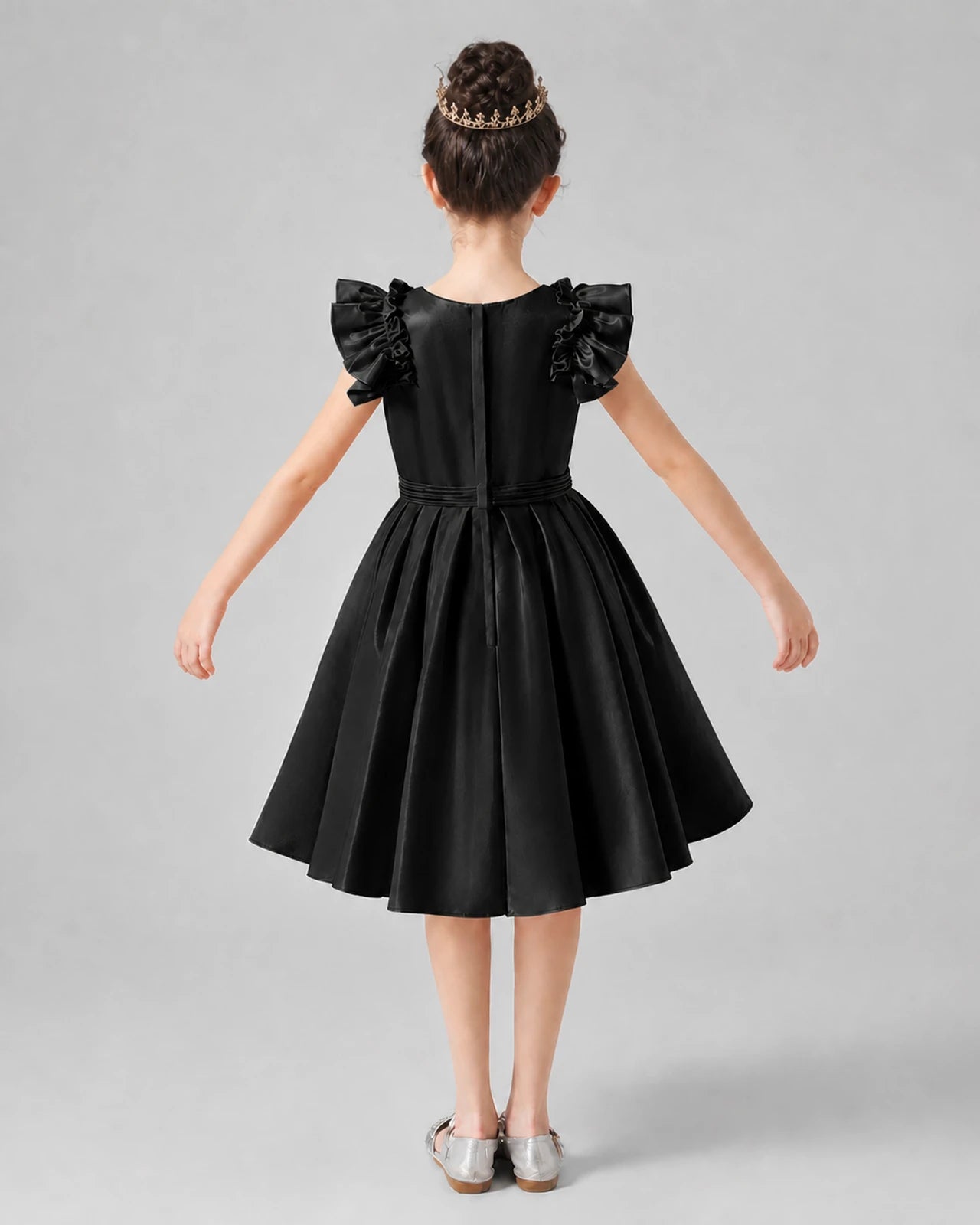 Black Satin Ruffle Sleeve A-Line Girls Formal Dresses Back View