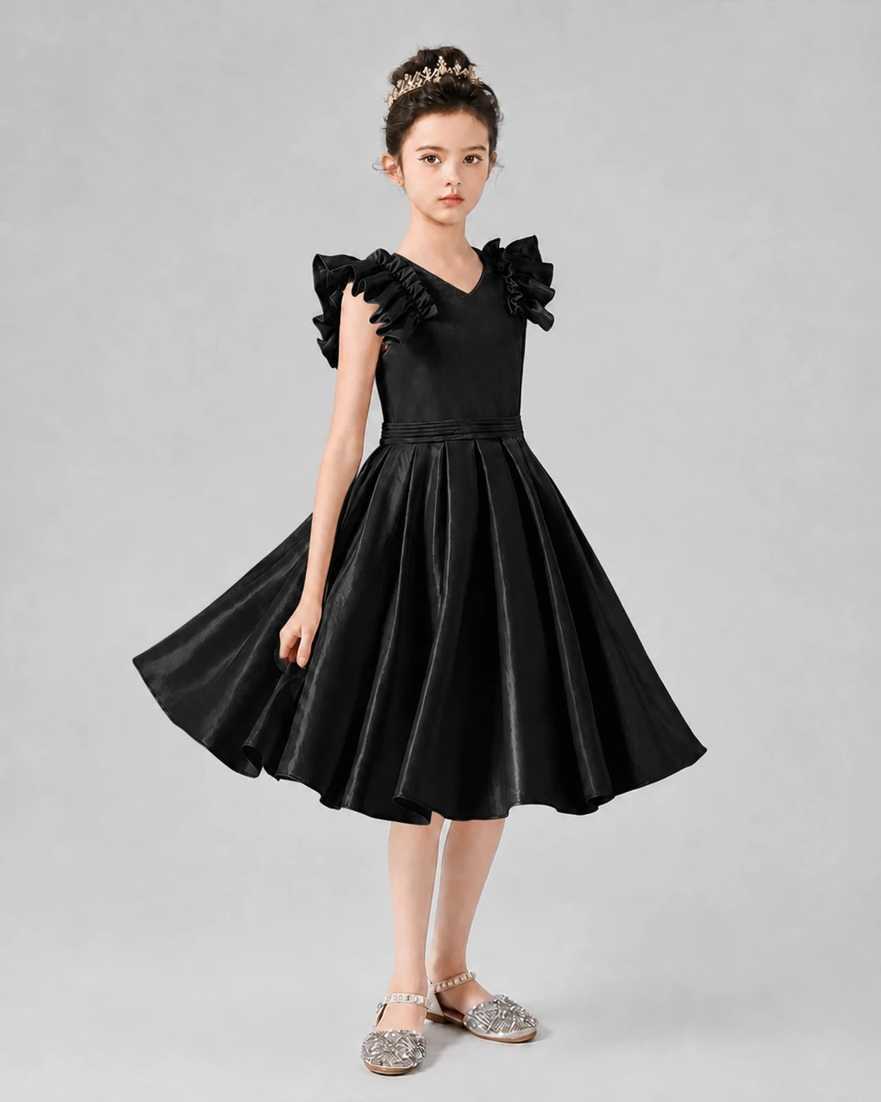Black satin ruffled-shoulder girls formal dress, front view