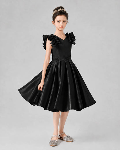 Black satin ruffled-shoulder girls formal dress, front view