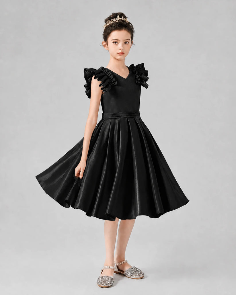 Black satin ruffled-shoulder girls formal dress, front view