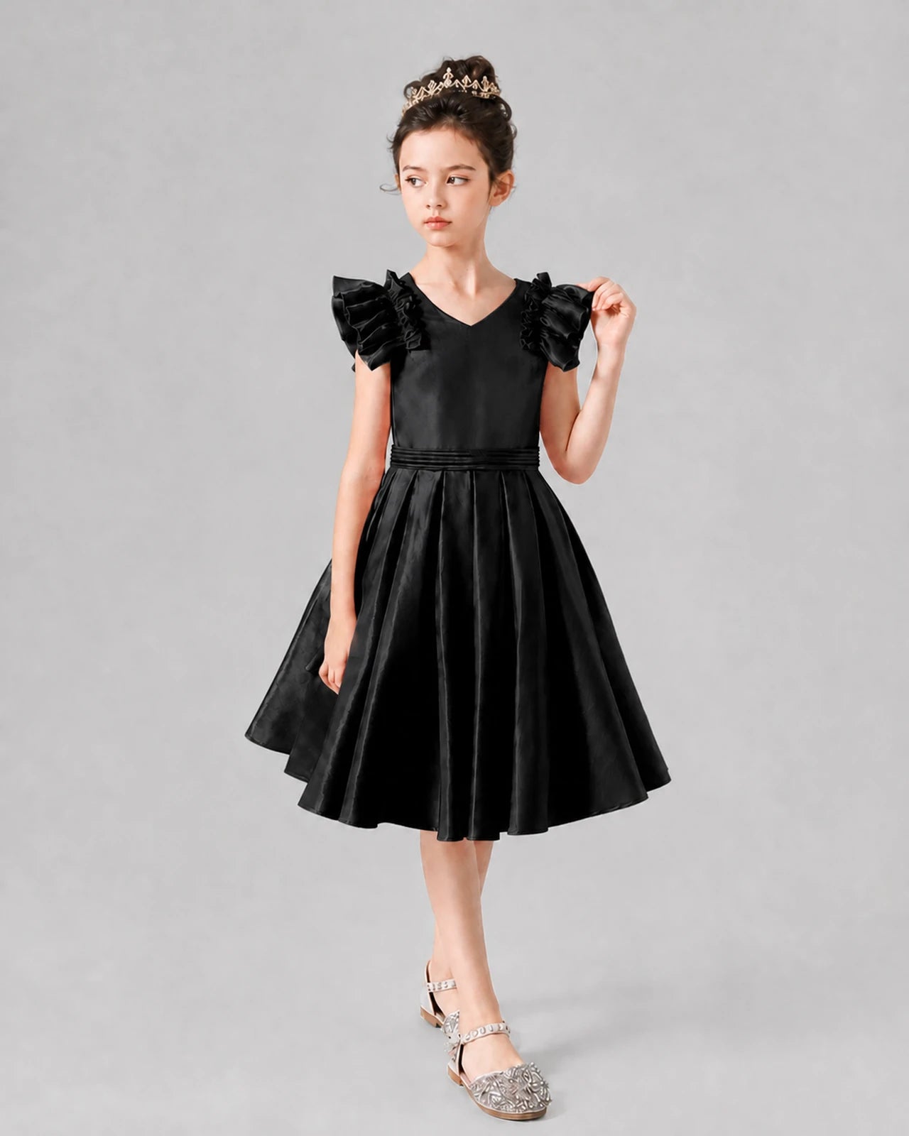 Black Satin Ruffled A-Line Girls Formal Dresses