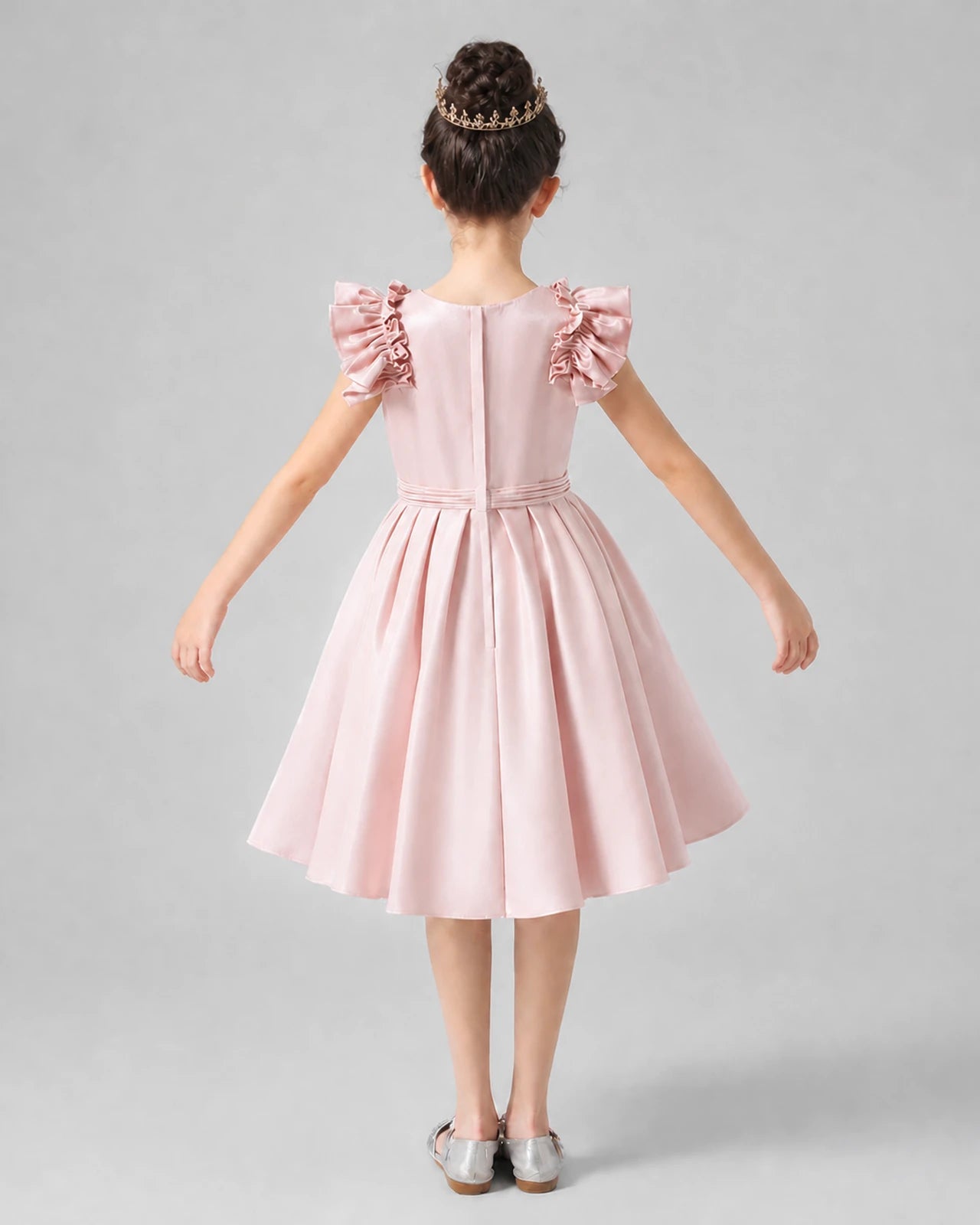 Blush Pink Satin Ruffled A-Line Girls Formal Dresses Back View