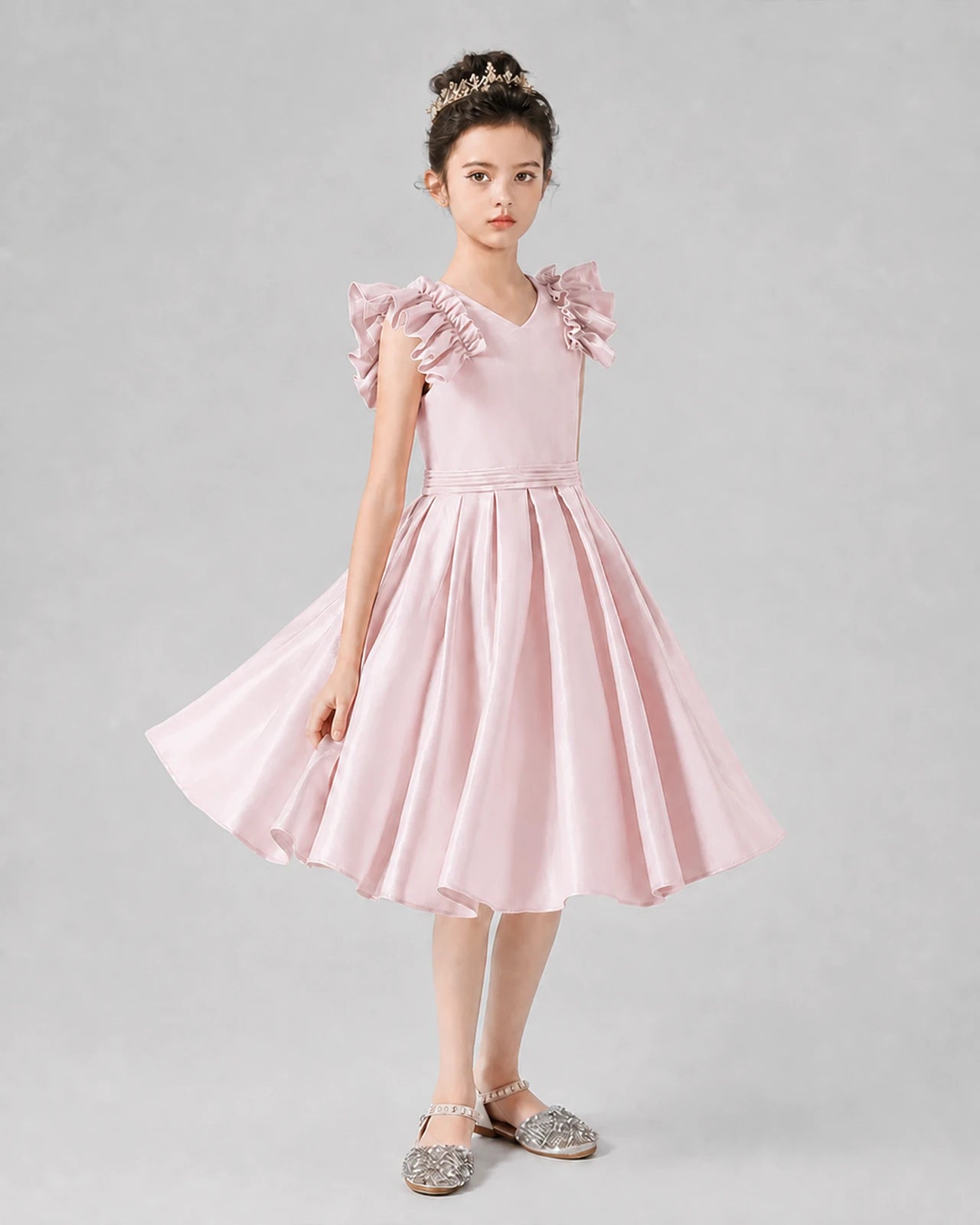 Blush Pink Satin Ruffled A-Line Girls Formal Dresses Front View