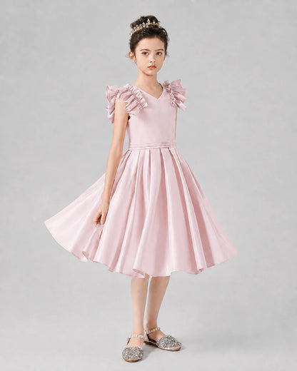 Blush Pink Satin Ruffled A-Line Girls Formal Dresses Front View