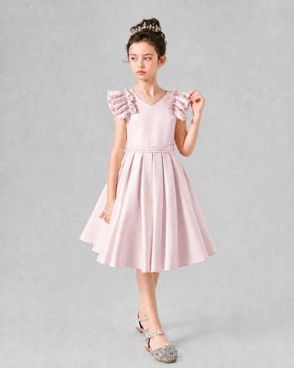 Blush Pink Satin Ruffle-Sleeve Girls Formal Dresses