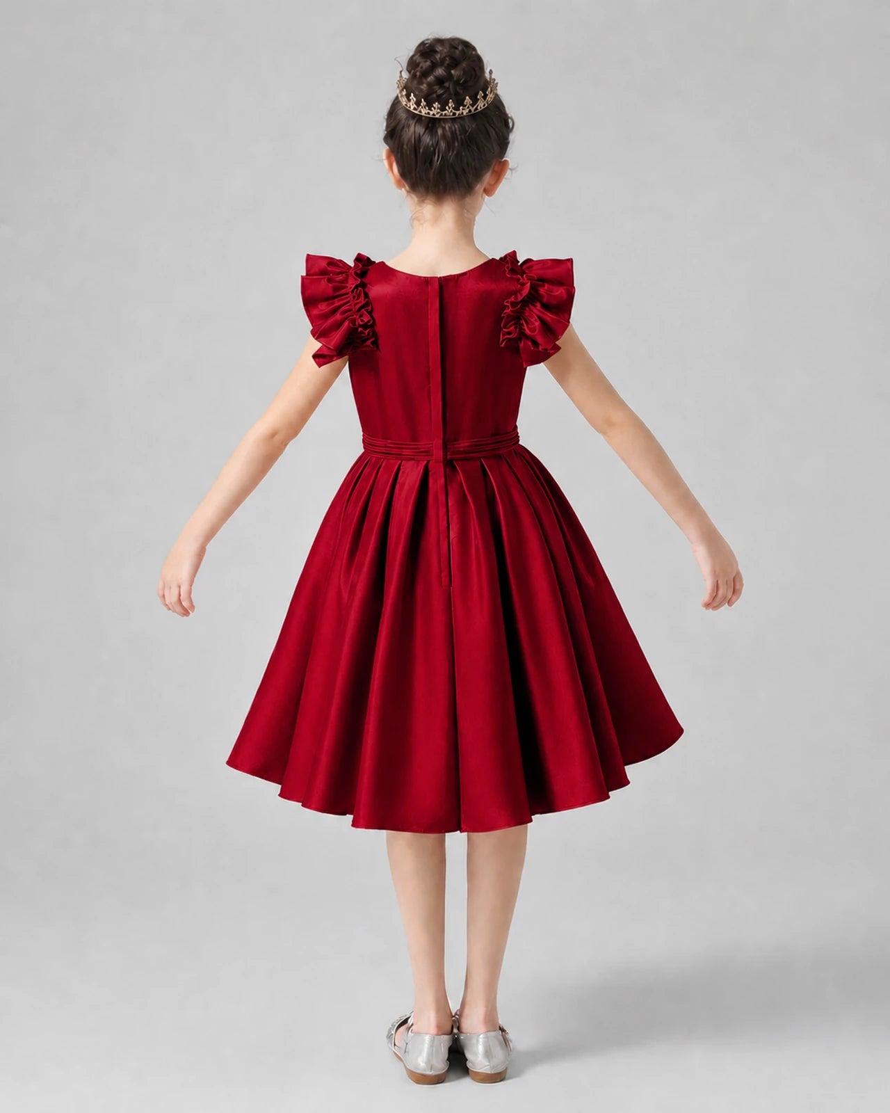 Burgundy Satin Ruffle-Sleeved Girls Formal Dresses Back View