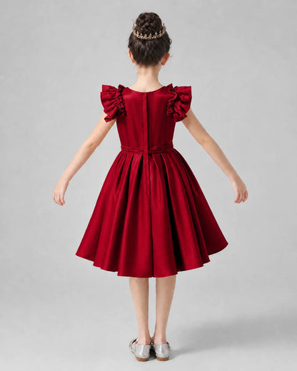 Burgundy Satin Ruffle-Sleeved Girls Formal Dresses Back View