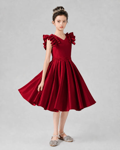 Burgundy Satin Ruffled Flutter Sleeve Girls Formal Dresses Front View