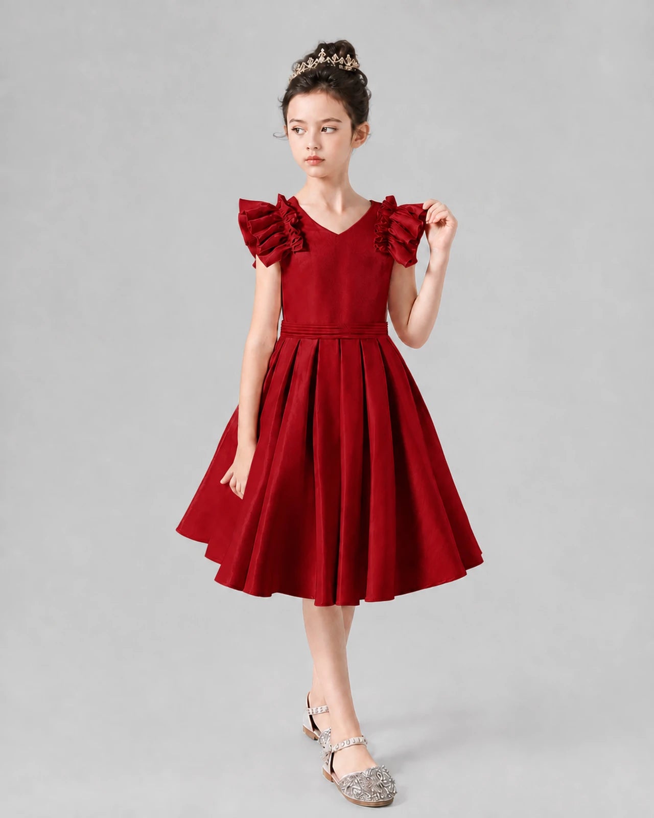 Burgundy Satin Ruffle Sleeve A-Line Girls Formal Dresses