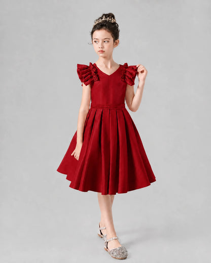 Burgundy Satin Ruffle Sleeve A-Line Girls Formal Dresses