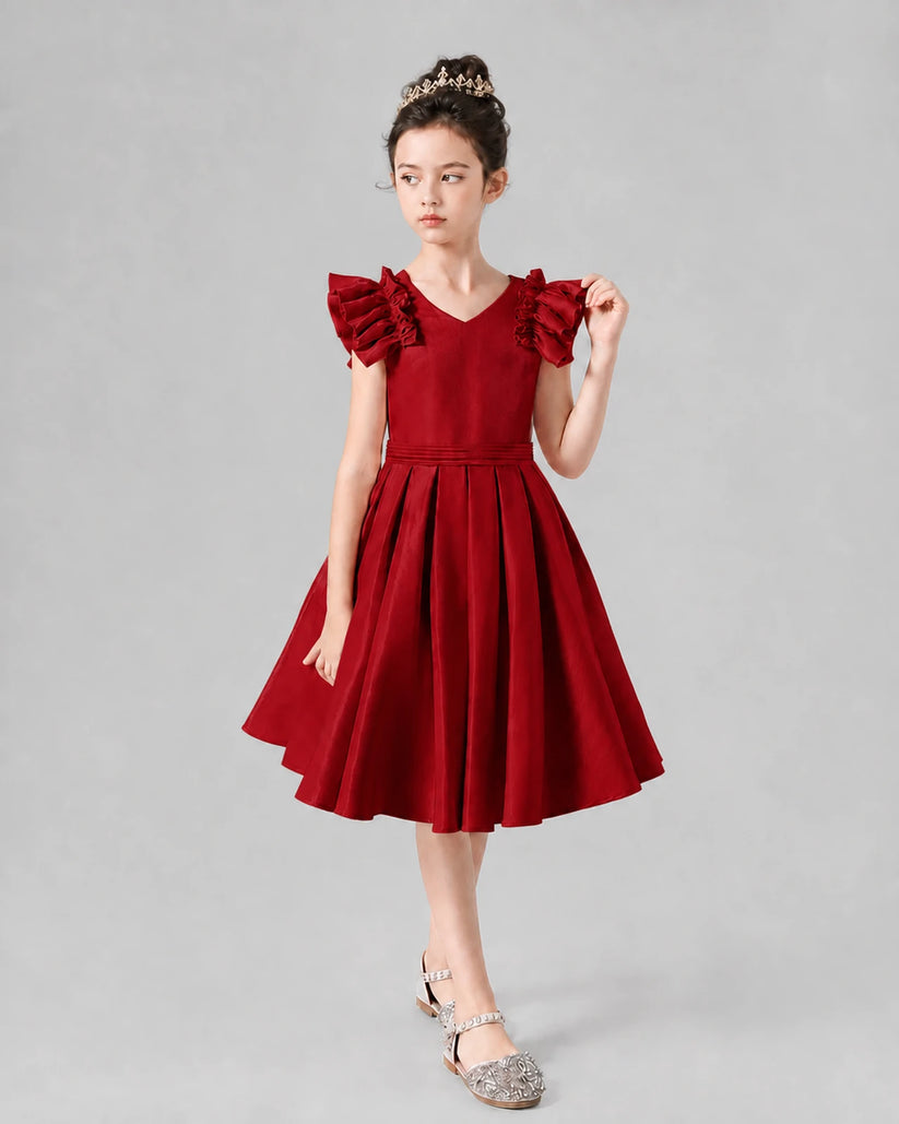 Burgundy Satin Ruffle Sleeve A-Line Girls Formal Dresses