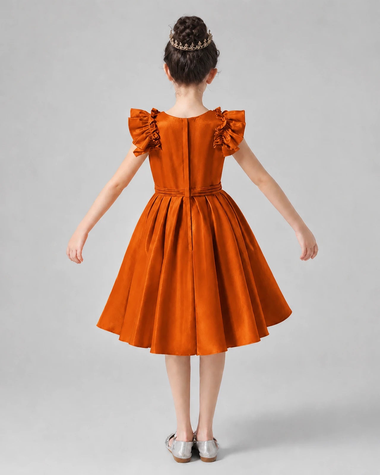 Burnt Orange Satin Ruffle Sleeve A-Line Girls Formal Dresses Back View