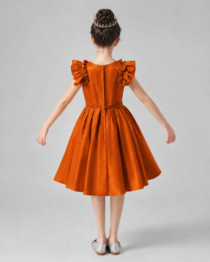 Burnt Orange Satin Ruffle Sleeve A-Line Girls Formal Dresses Back View