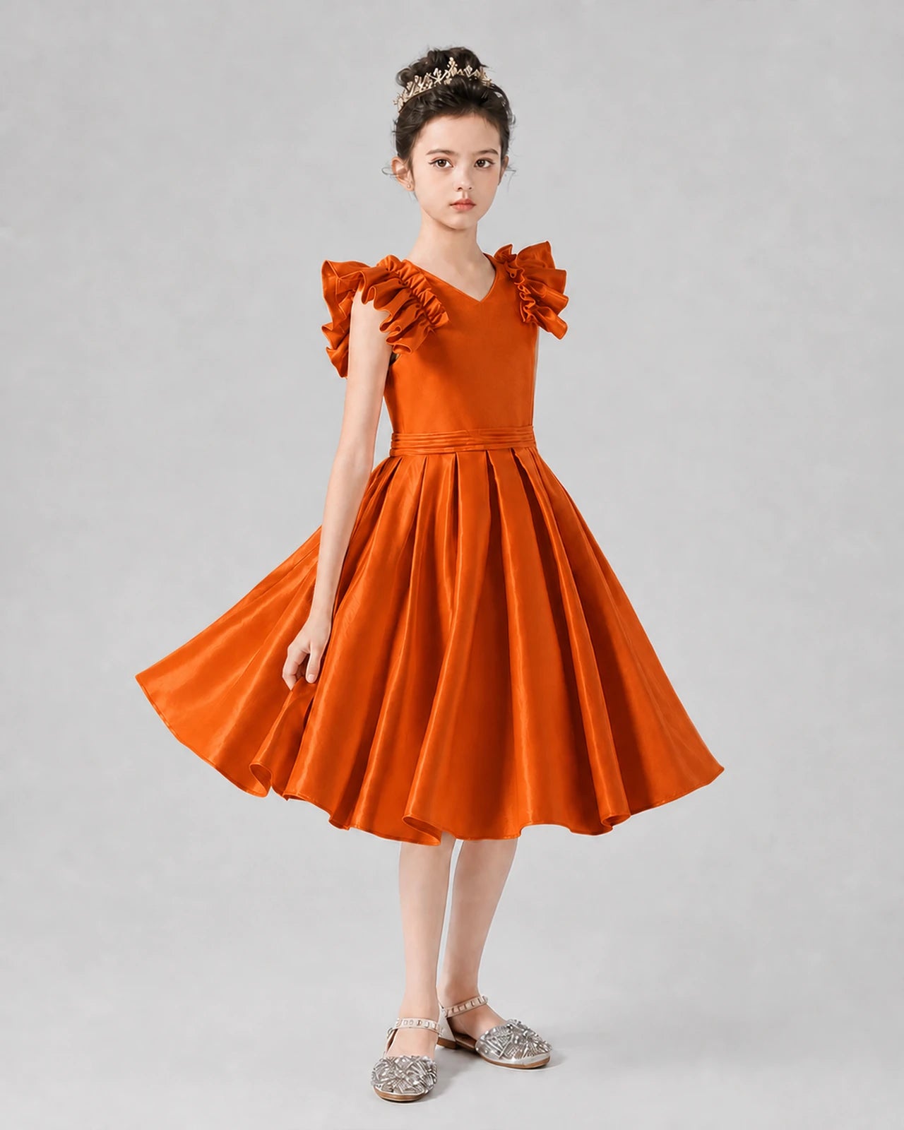 Burnt Orange Satin Ruffle Sleeve A Line Girls Formal Dresses Front View