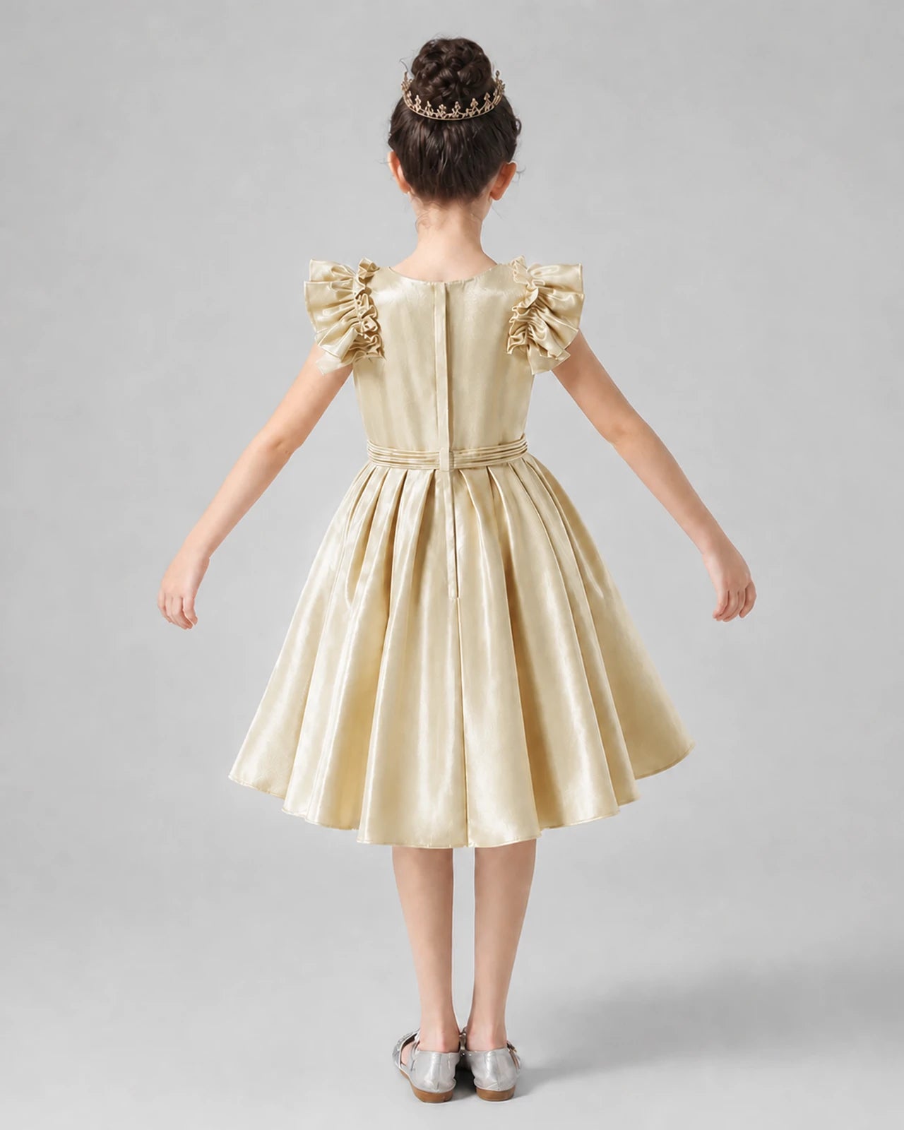 Champagne satin ruffled-sleeve pleated A-line girls formal dress Back View