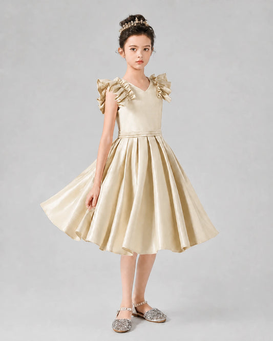 Champagne Satin Ruffle Sleeves Pleated Girls Formal Dresses Front View