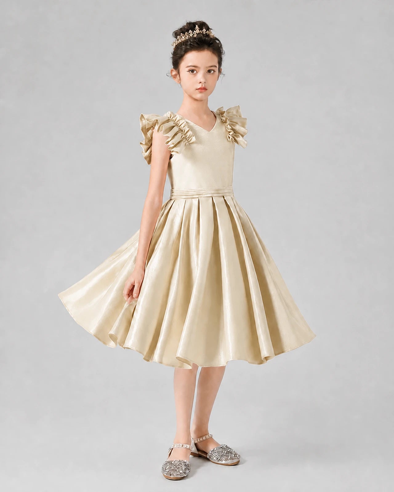 Champagne Satin Ruffle Sleeves Pleated Girls Formal Dresses Front View