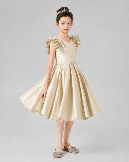 Champagne Satin Ruffle Sleeves Pleated Girls Formal Dresses Front View