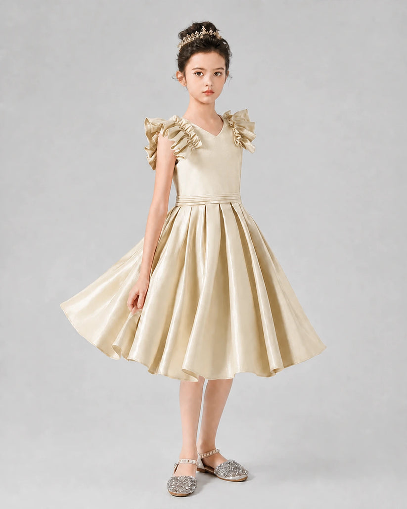 Champagne Satin Ruffle Sleeves Pleated Girls Formal Dresses Front View