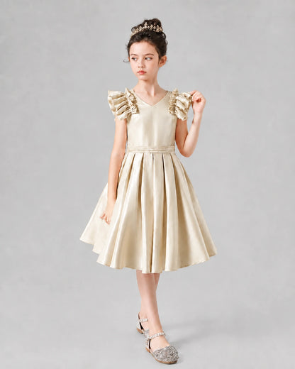 Champagne satin pleated A-line girls formal dresses