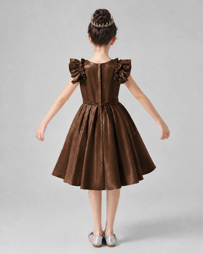 Chocolate Satin Ruffled Girls Formal Dresses Back View