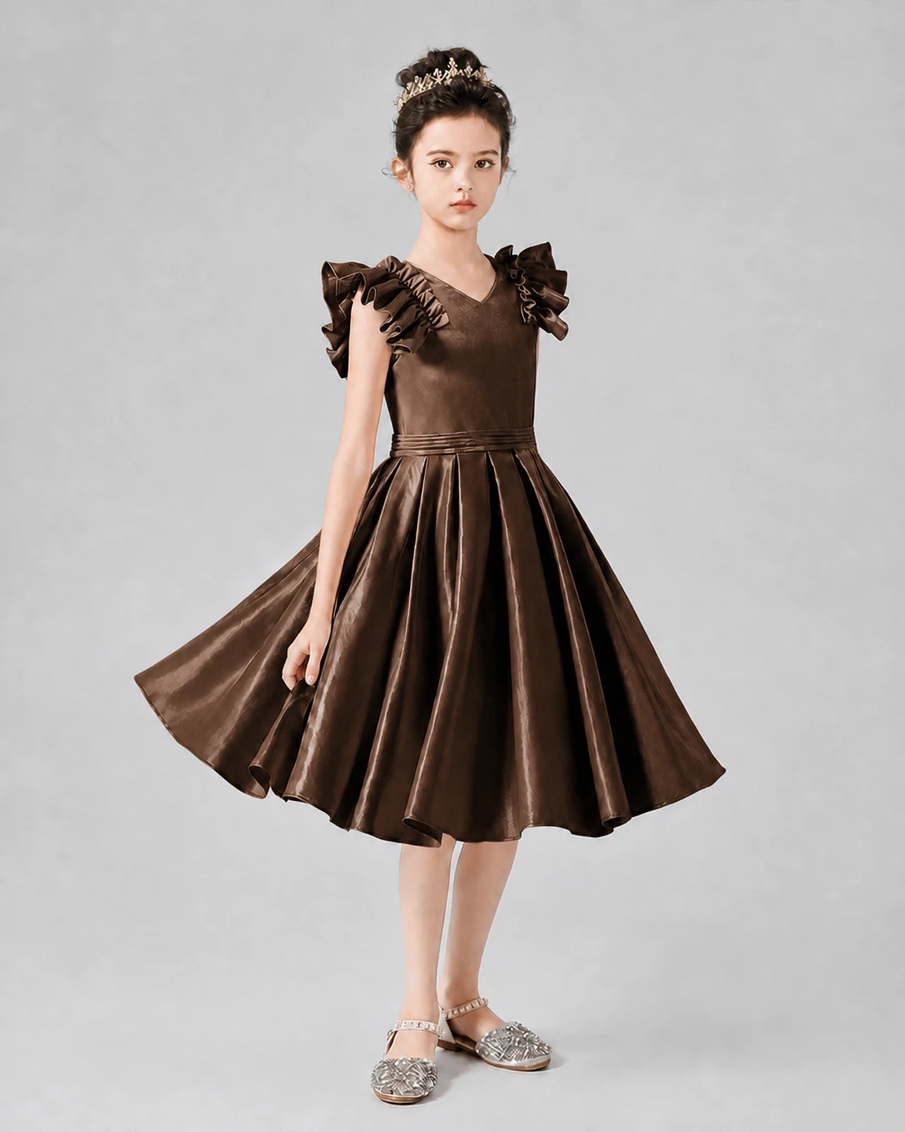 Chocolate Satin Ruffled A-Line Girls Formal Dresses Front View