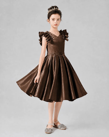 Chocolate Satin Ruffled A-Line Girls Formal Dresses Front View