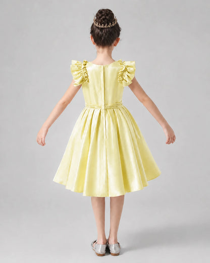 Daffodil Satin Ruffle Sleeve A-Line Girls Formal Dresses Back View