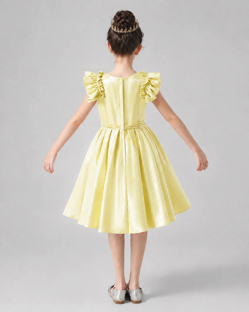 Daffodil Satin Ruffle Sleeve A-Line Girls Formal Dresses Back View