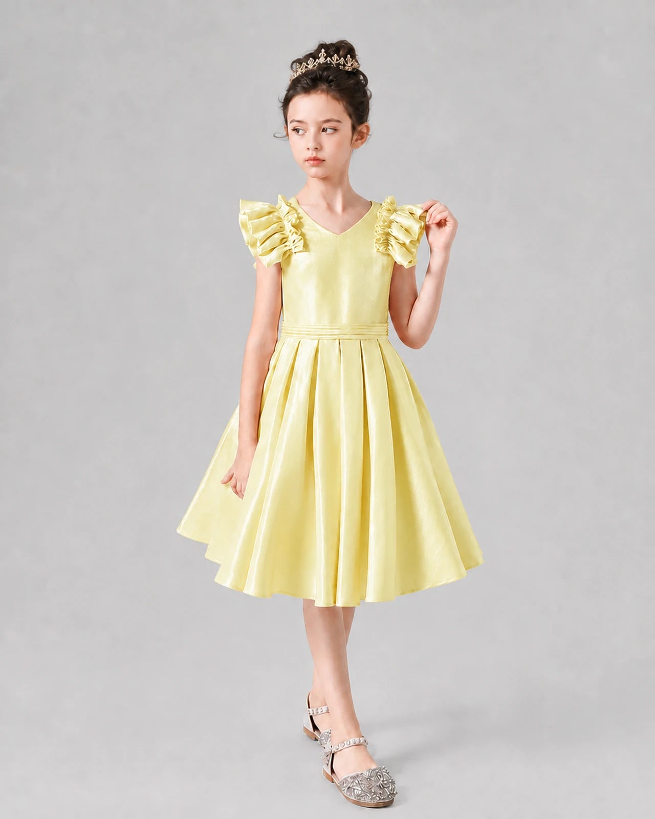 Daffodil Satin Ruffle Sleeve A-Line Girls Formal Dresses