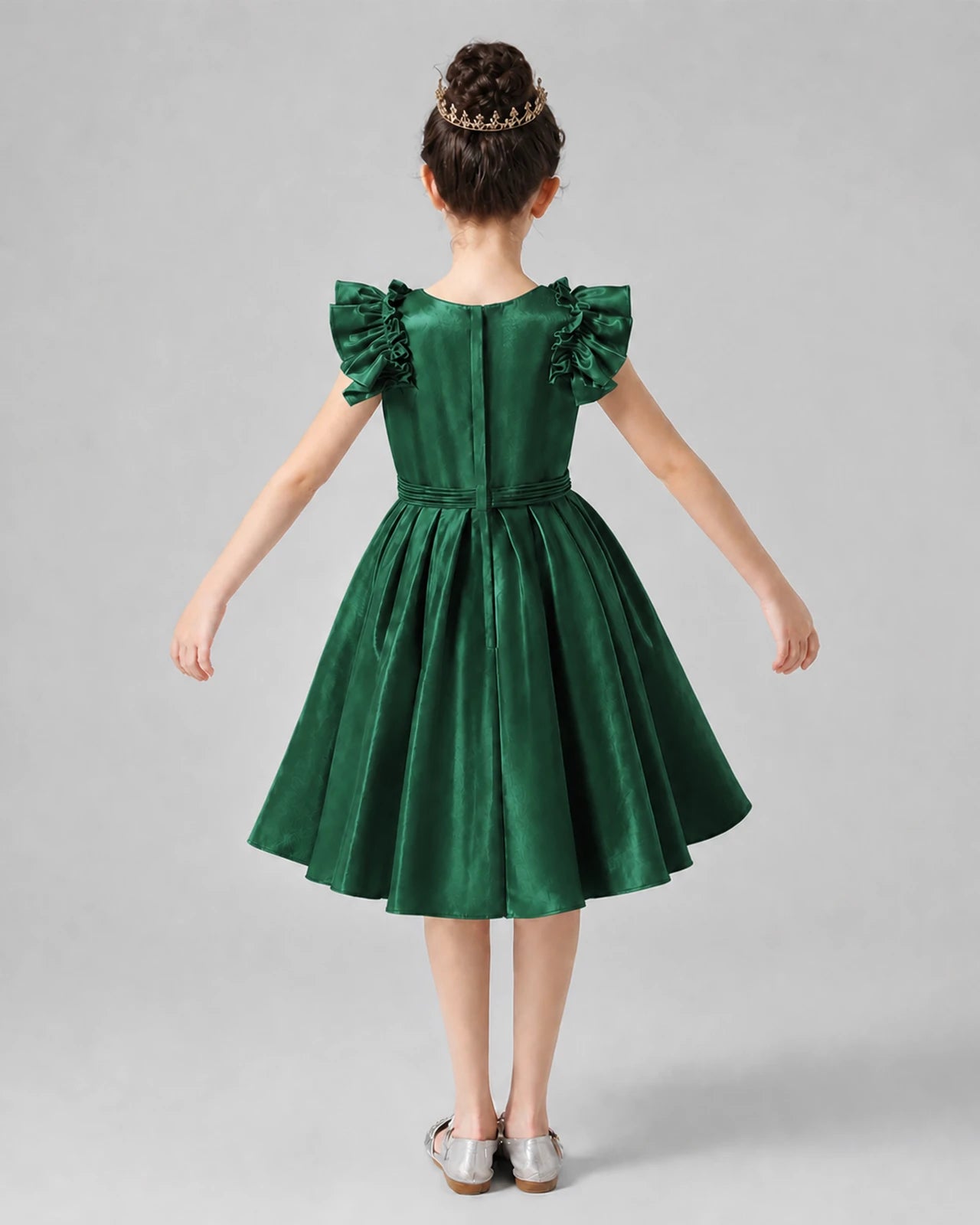 Dark Green Satin Ruffle Sleeve Girls Formal Dresses Back View