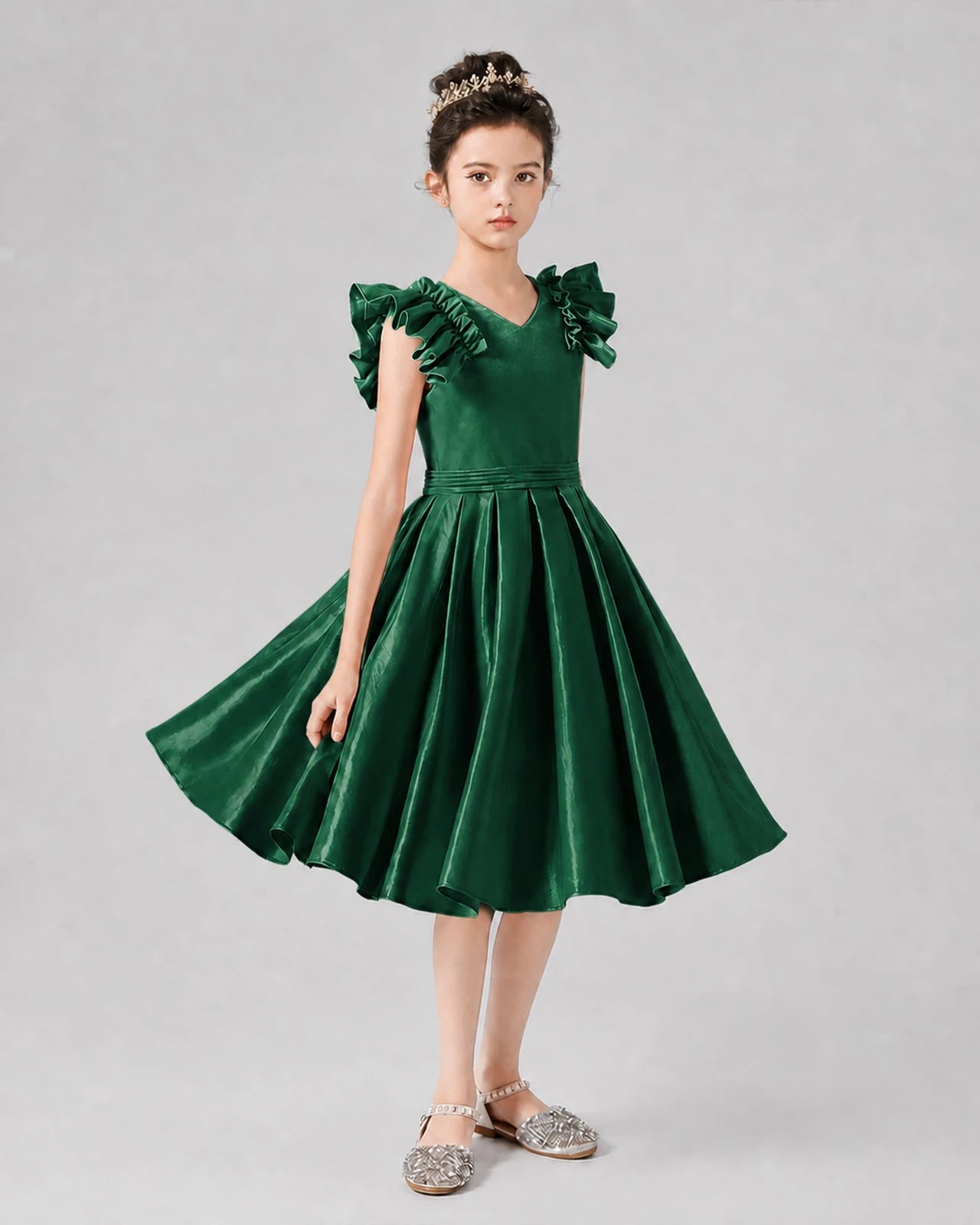 Dark Green Satin A-Line Girls Formal Dresses Front View
