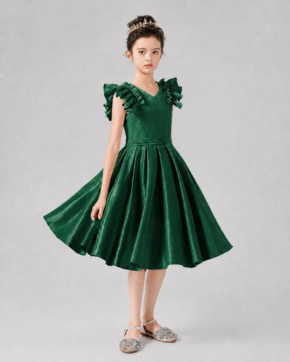 Dark Green Satin A-Line Girls Formal Dresses Front View