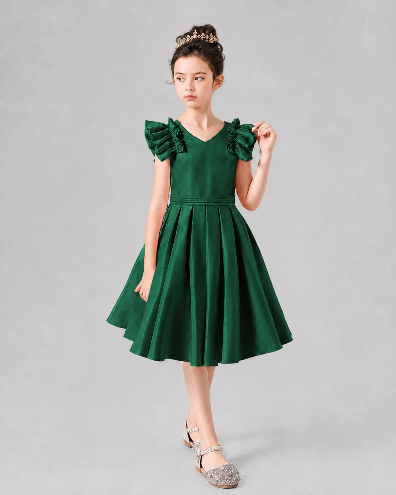 Dark Green Satin Ruffled Sleeve A-Line Girls Formal Dresses