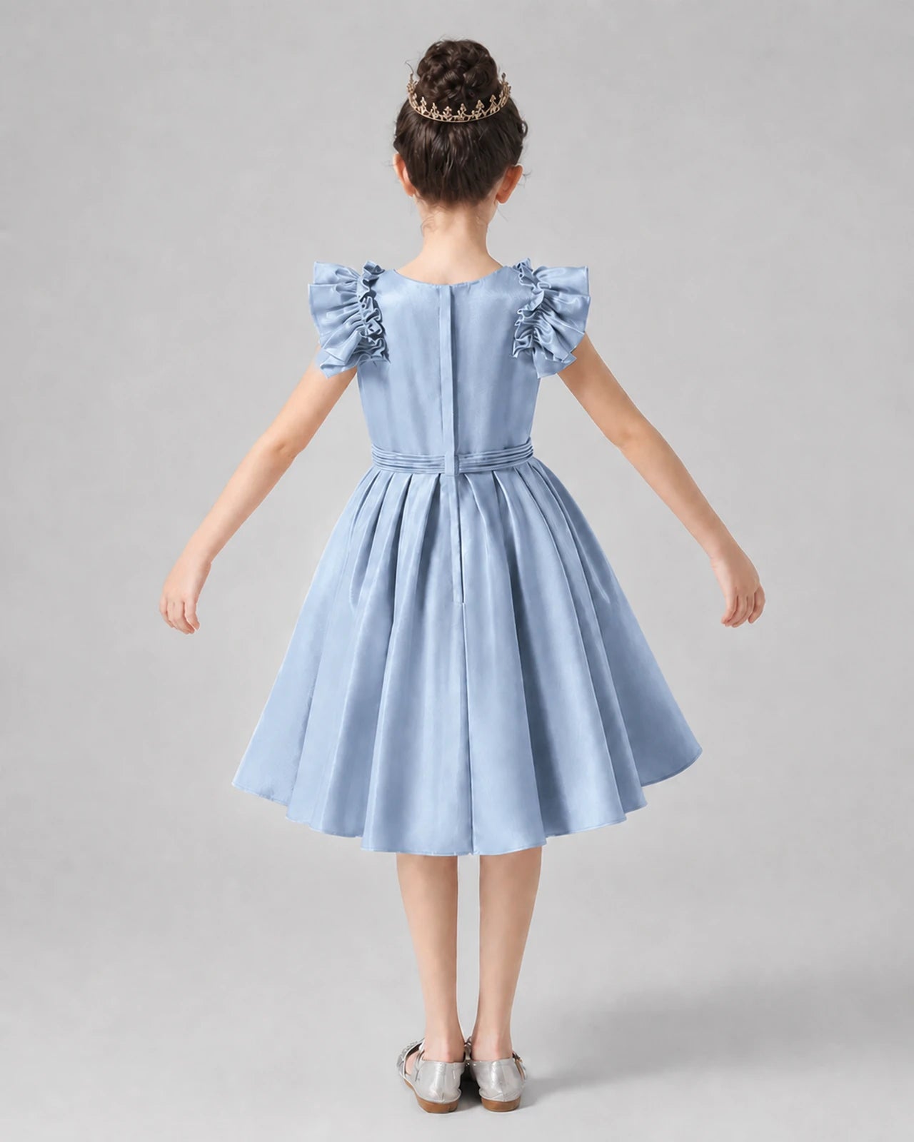 Dusty Blue Satin Ruffled Sleeve Girls Formal Dresses Back View