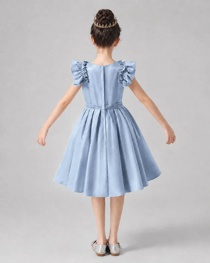 Dusty Blue Satin Ruffled Sleeve Girls Formal Dresses Back View