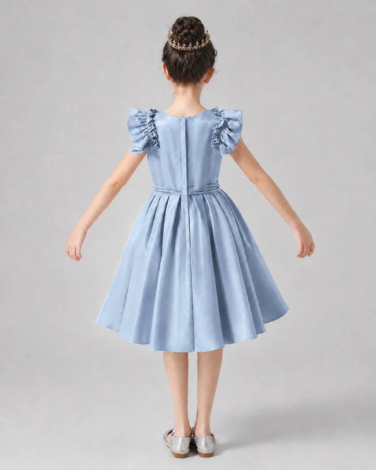 Dusty Blue Satin Ruffled Sleeve Girls Formal Dresses Back View