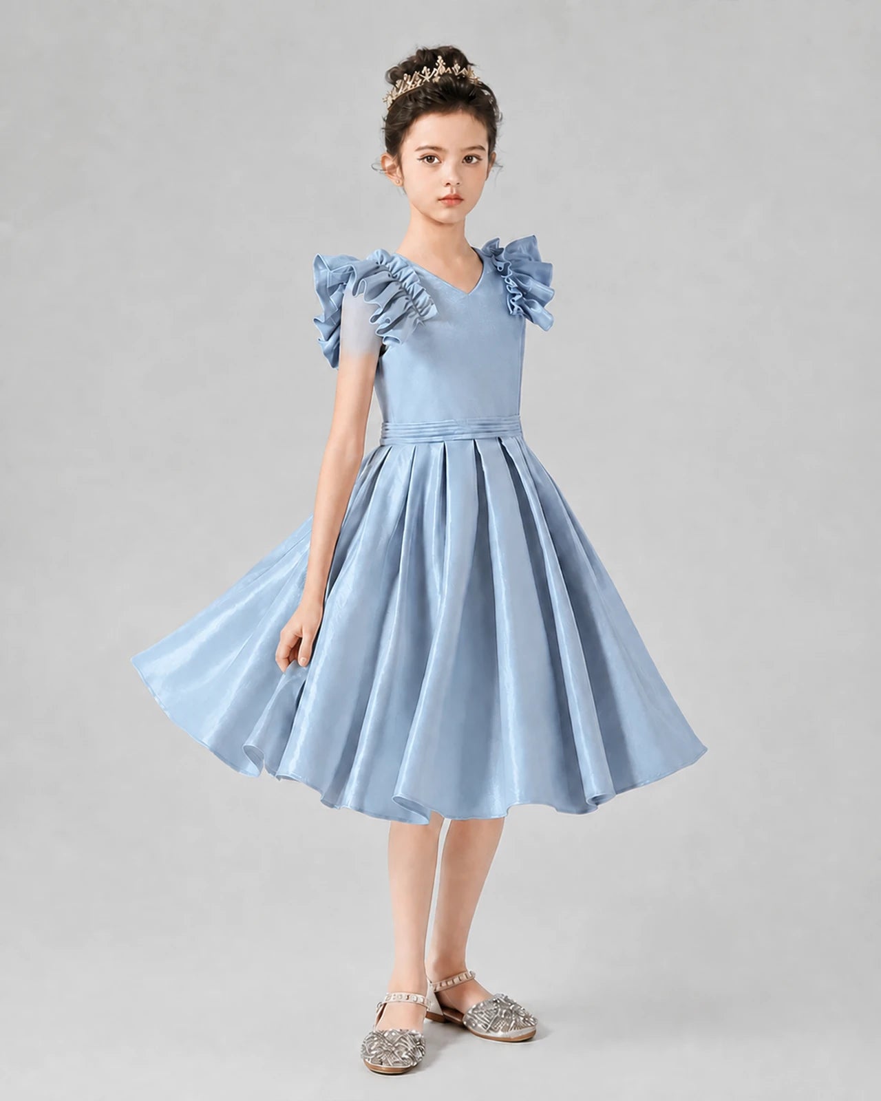 Dusty Blue Satin A-Line Girls Formal Dresses Front View